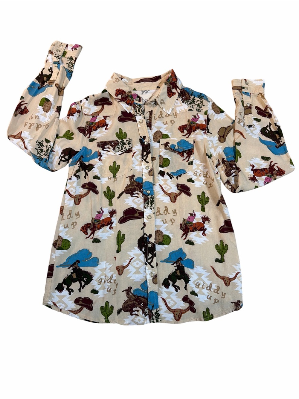 Cotton & Rye Button-Down Top Western Rodeo Giddy Up Print Long Sleeve Women’s S